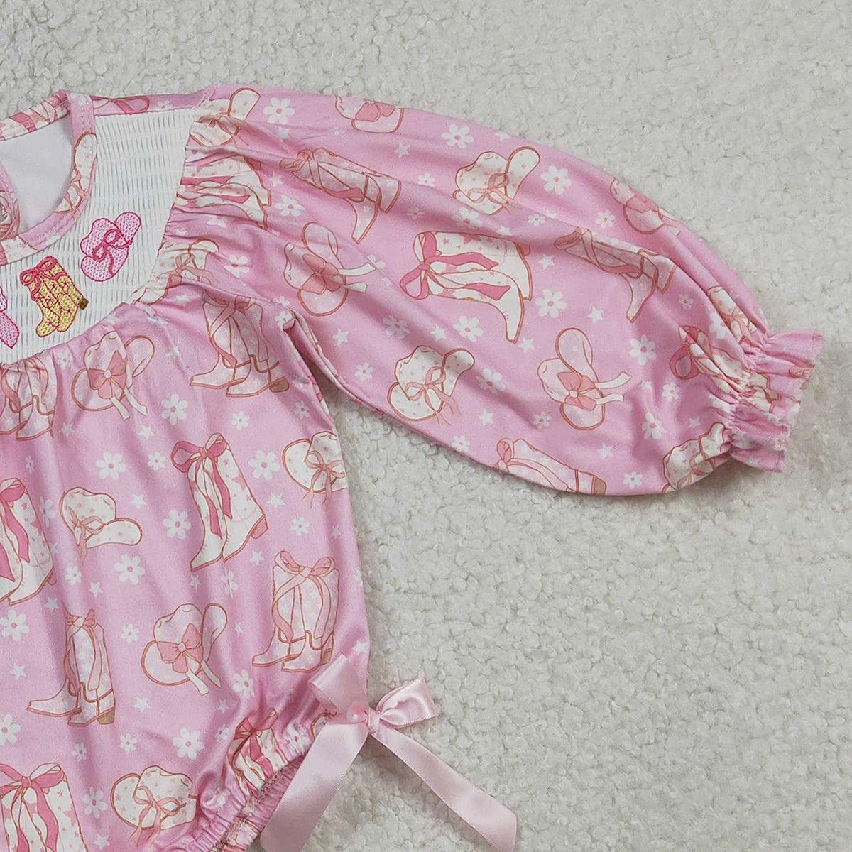 Baby Girls Western Ruffle Rompers Smocked Boots Bows Pink Flowers Design Cute Toddler Outfit