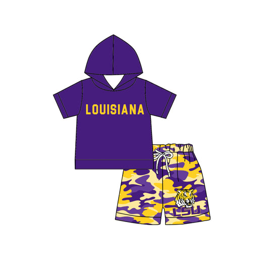 Custom order MOQ 5 purple LSU hooded shorts set