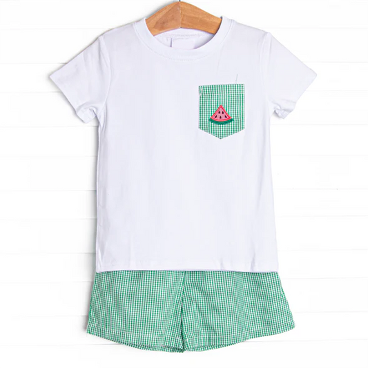 preorder BSSO0785 Watermelon Green Plaid Pocket White Short Sleeve Shorts Suit