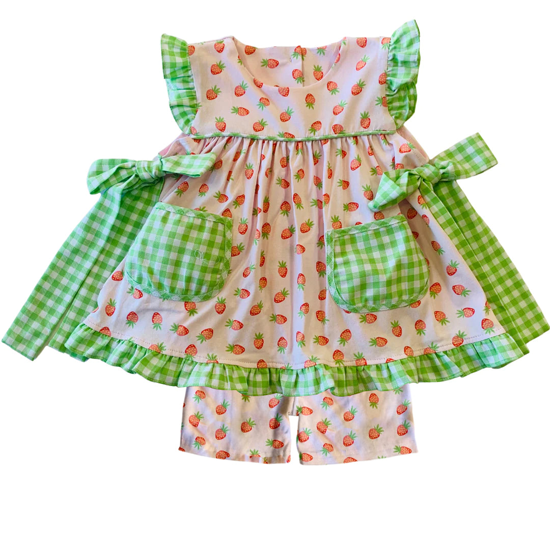 pre-order  GSSO1002 Strawberry Green Plaid Pocket Bow Sleeveless Shorts Set