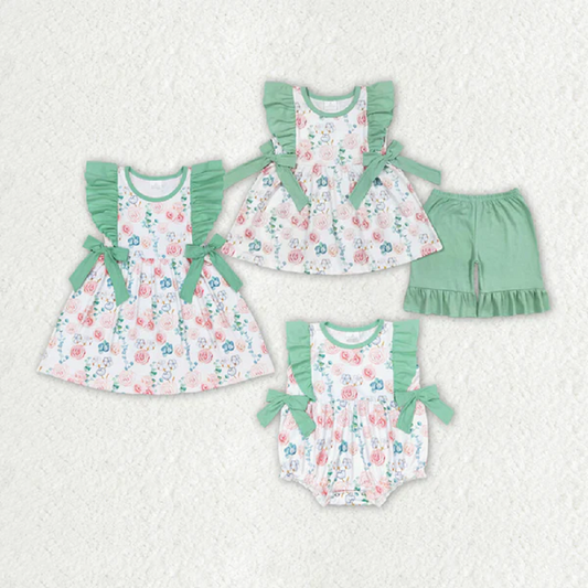Match Baby Girls Pink Flowers Sibling Summer Rompers Dresses Clothes Sets