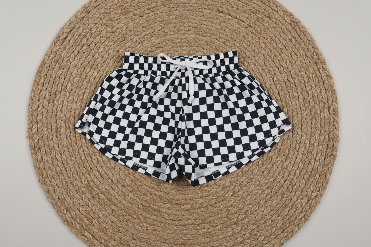 SS0865 white black checkered athletic butterfly shorts