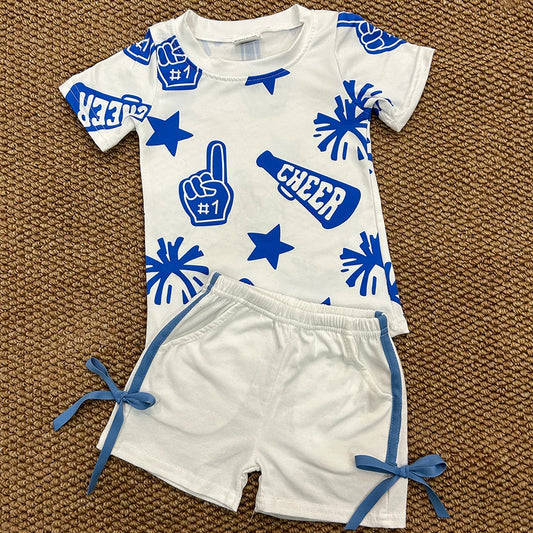 GT0941 +SS0424 Baby Girls Blue Fireworks Stars White Short Sleeve Top White Cotton Bow Sports Shorts Bottoms Set D 3.14
