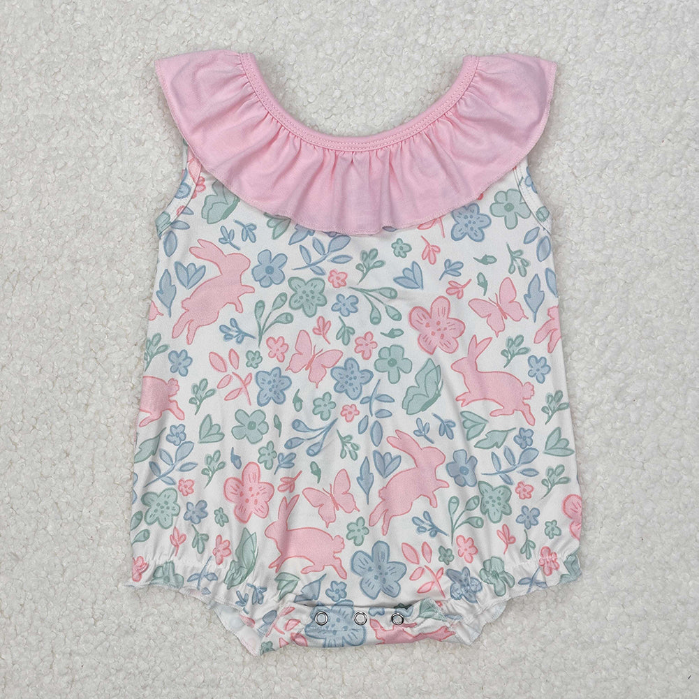 SR2546 Baby Infant Girls Easter Rabbits Pink Flowers Rompers   D 3.13