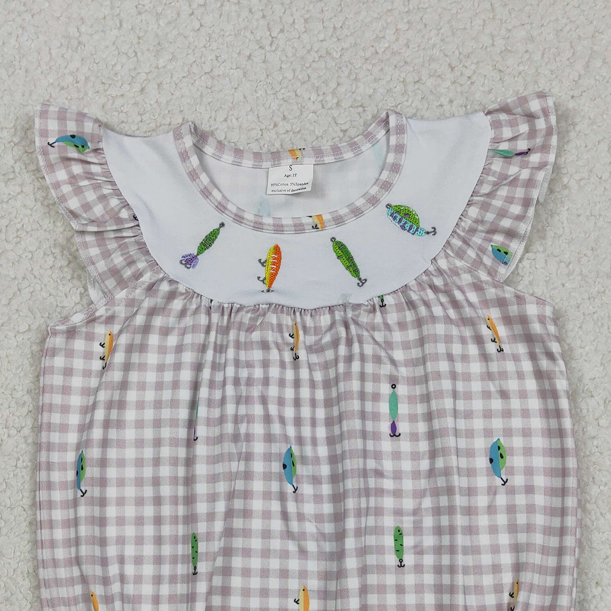 Baby Girls Embroidery Fishing Rompers with Flutter Sleeves Checked Hunting Design for Little Girls