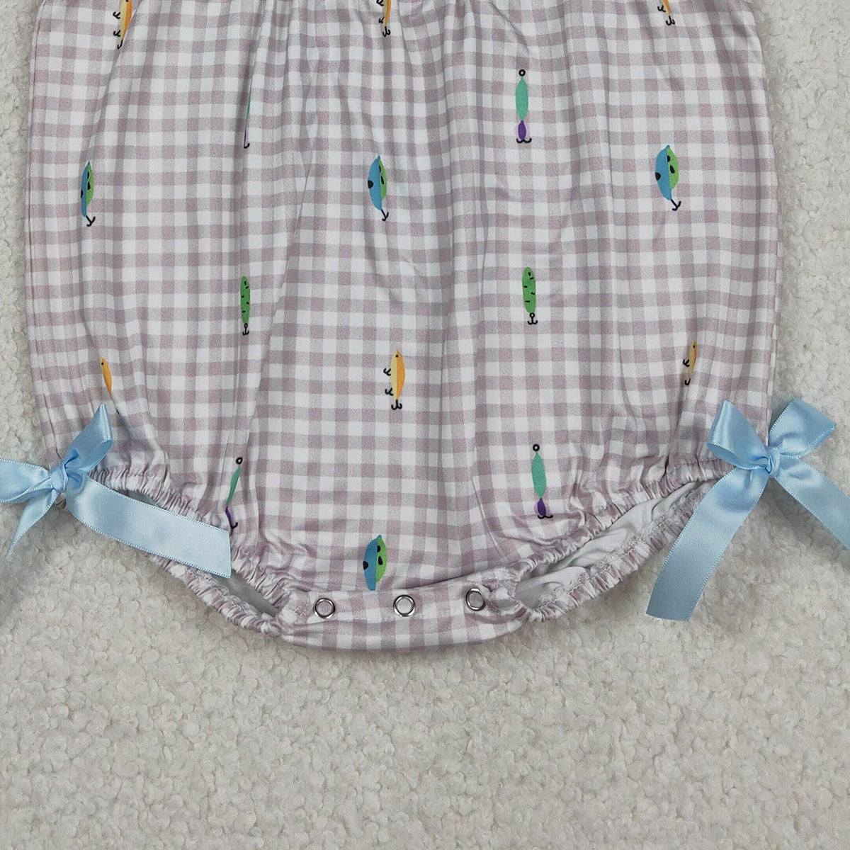 Baby Girls Embroidery Fishing Rompers with Flutter Sleeves Checked Hunting Design for Little Girls