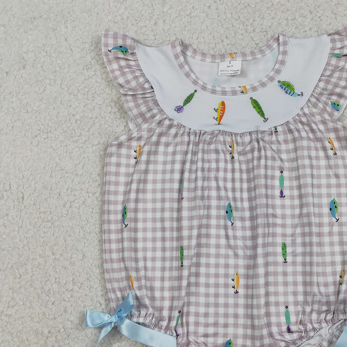 Baby Girls Embroidery Fishing Rompers with Flutter Sleeves Checked Hunting Design for Little Girls