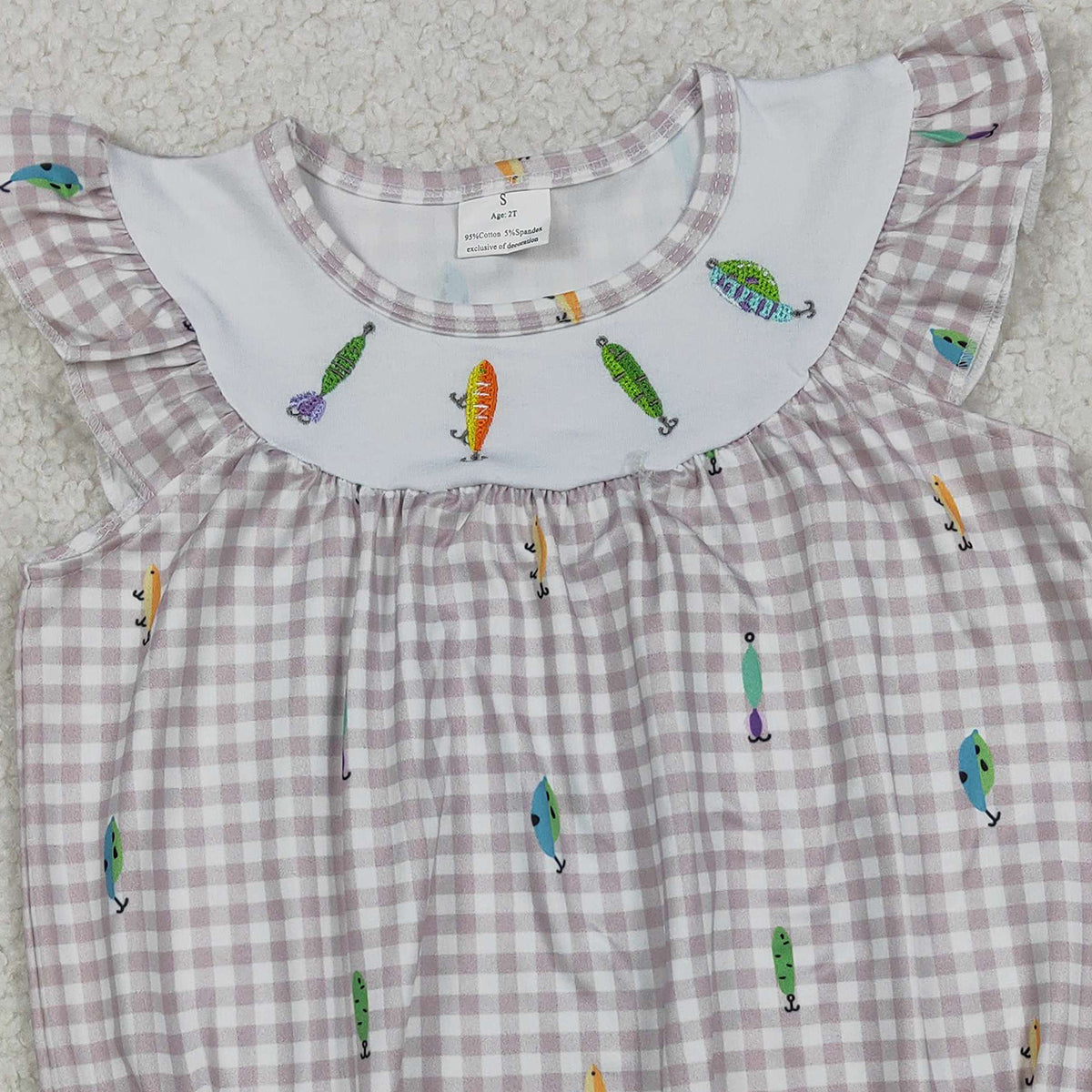 Baby Girls Embroidery Fishing Rompers with Flutter Sleeves Checked Hunting Design for Little Girls
