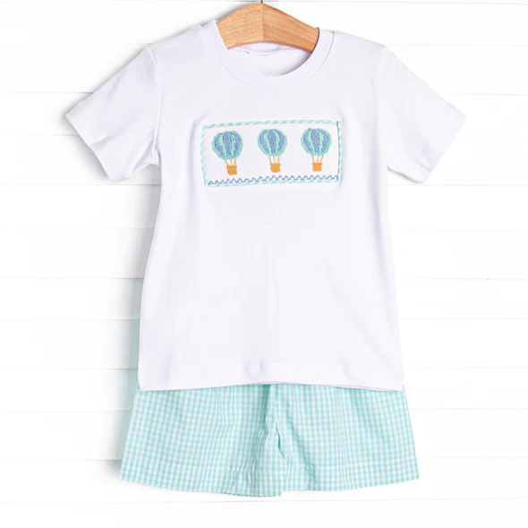 BSSO0784 Hot air balloon white short sleeve plaid shorts suit