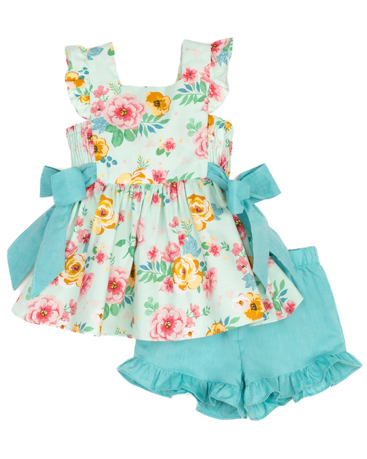 preorder GSSO0961 Pink and yellow flower bow and blue and green sleeveless shorts suit