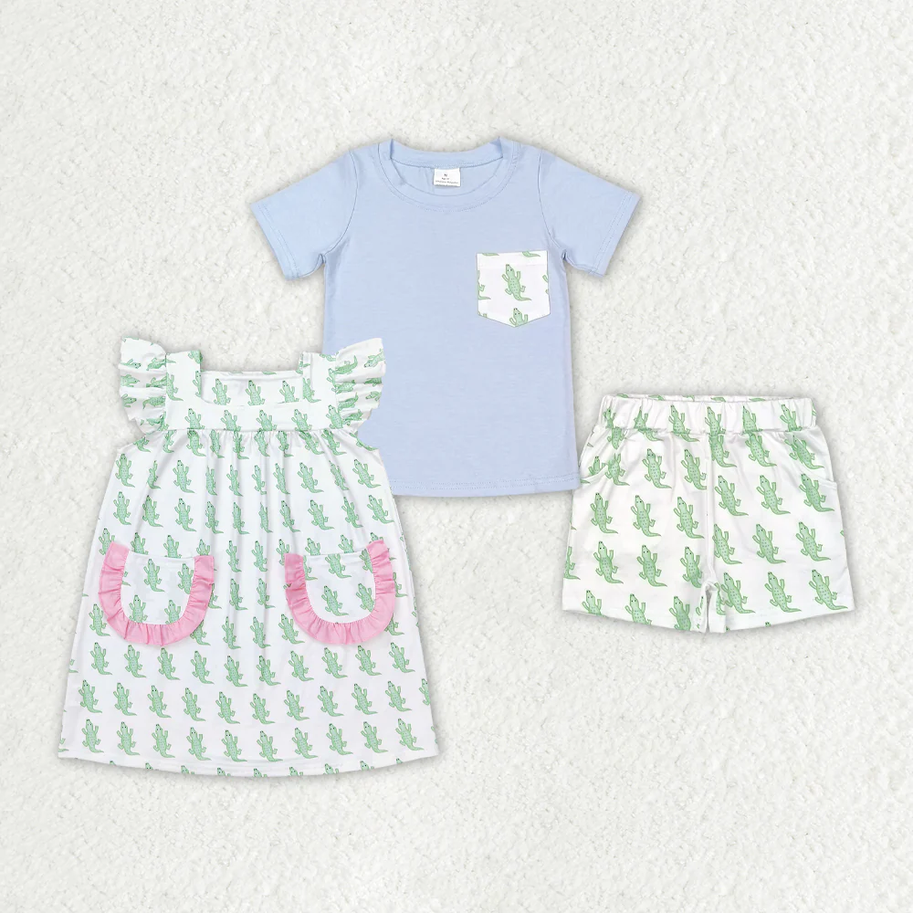 Match Baby Girls Boys Crocodile Green Sibling Dresses Sets