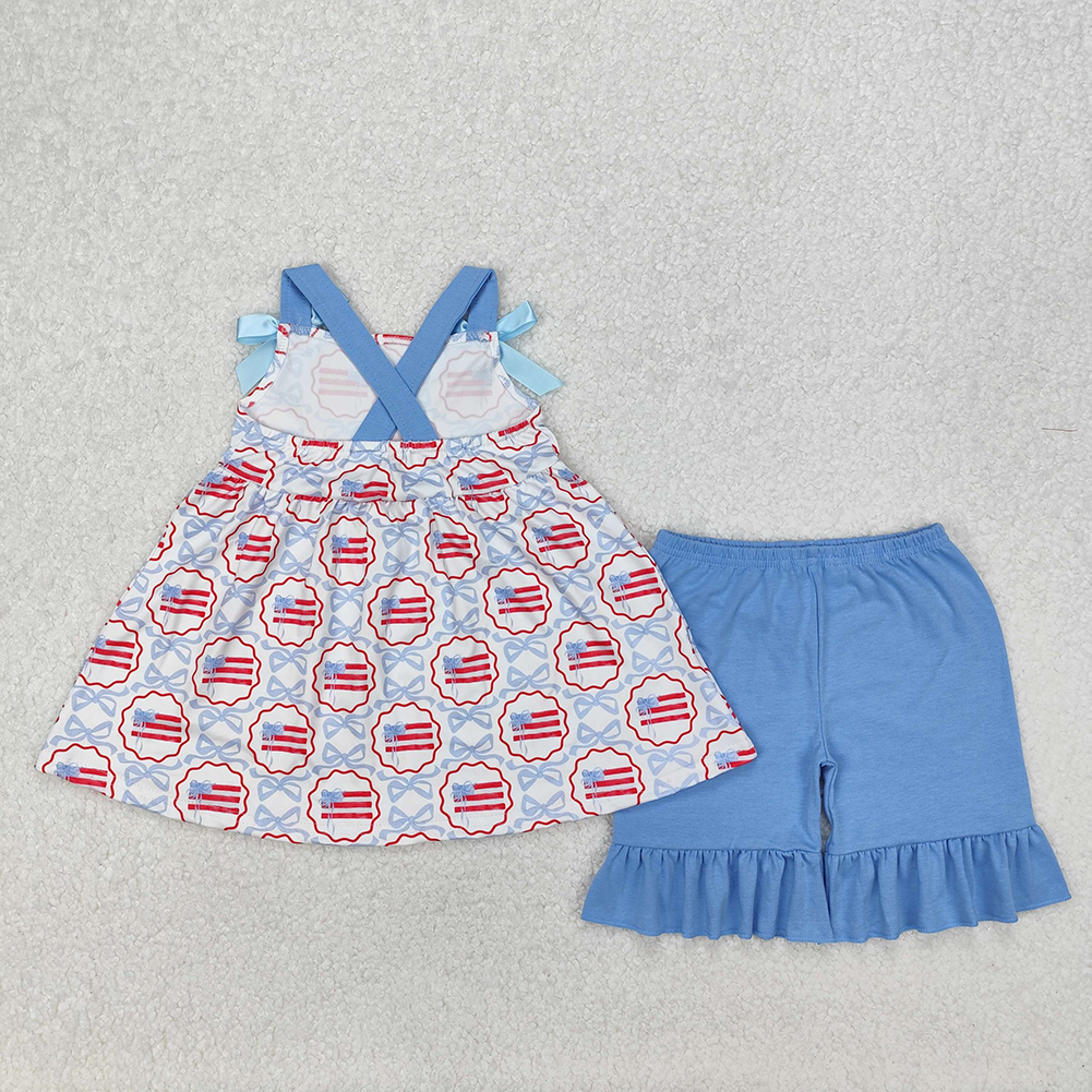 GSSO2074  Baby Girls Blue Bows Flag Top Ruffle Shorts Clothes Sets D 3.13