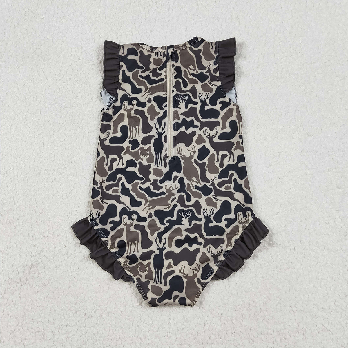 Baby Girls Zipper Ruffle Swimsuits Dark Brown Deer Camo Southern Style Infant Swimwear