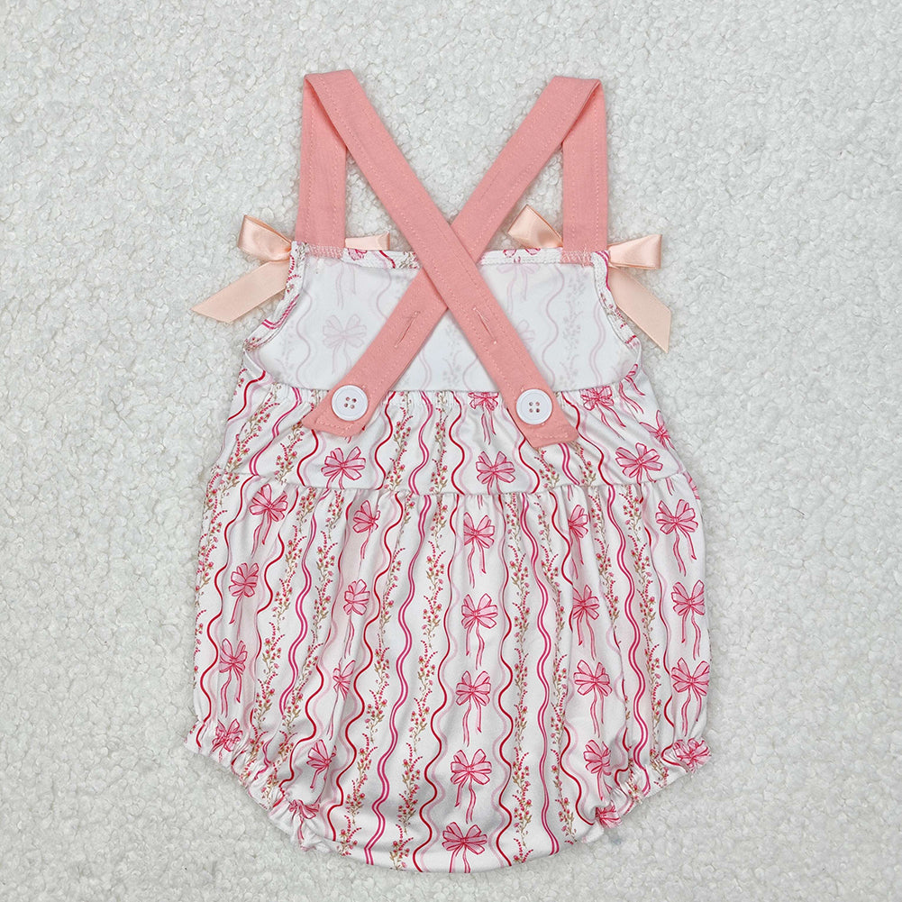 SR2704  Baby Infant Girls Pink Flowers Bows Straps Rompers  D 3.13