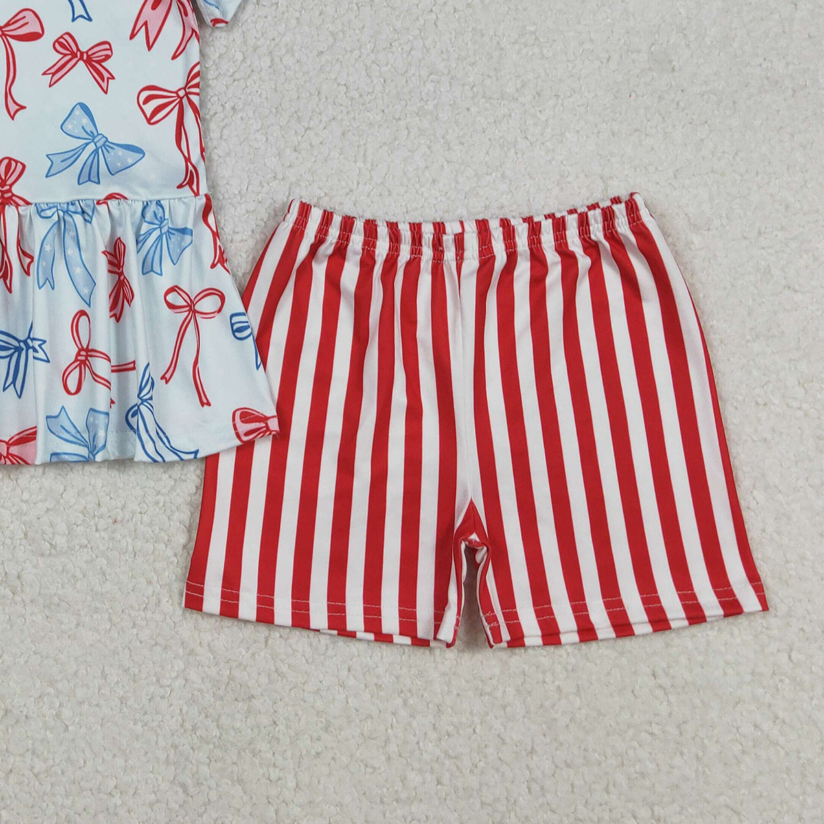 Baby Girls July 4th Outfit Set with Red Blue Bows Ruffle Top And Stripe Shorts for Baby Girl's Summer Clothing
