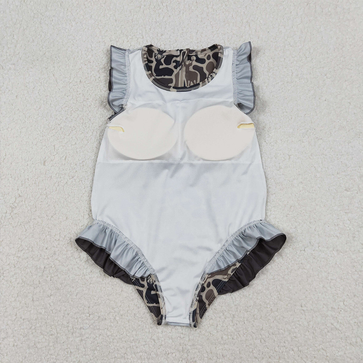 Baby Girls Zipper Ruffle Swimsuits Dark Brown Deer Camo Southern Style Infant Swimwear