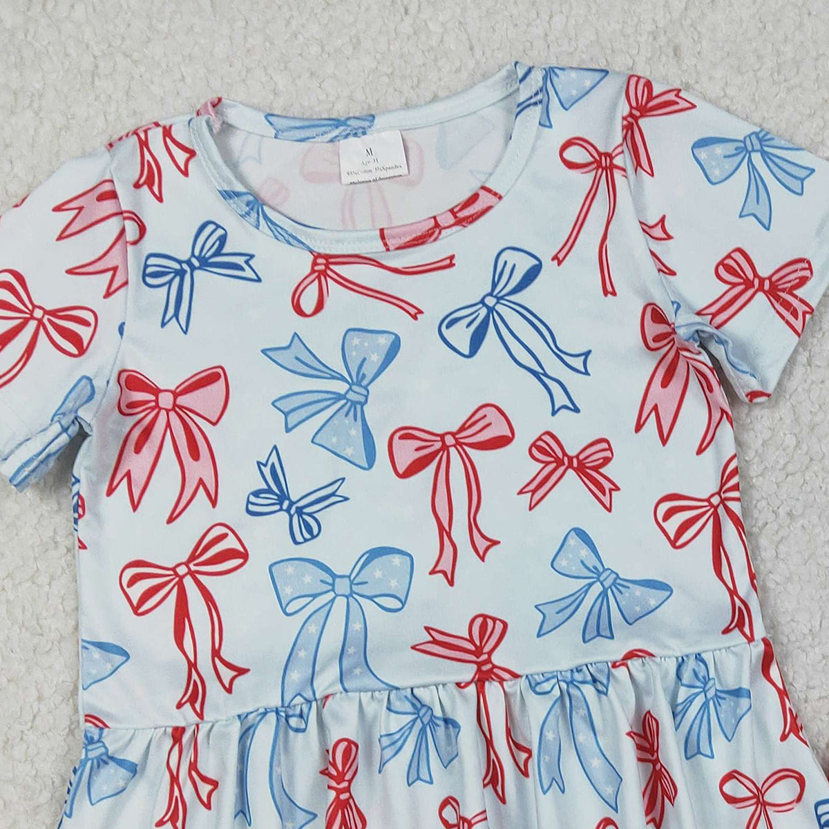 Baby Girls July 4th Outfit Set with Red Blue Bows Ruffle Top And Stripe Shorts for Baby Girl's Summer Clothing