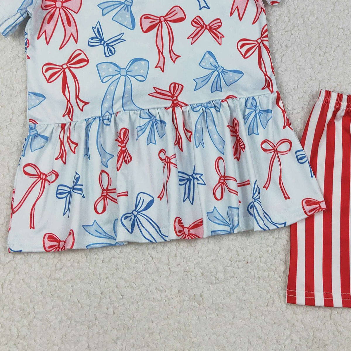 Baby Girls July 4th Outfit Set with Red Blue Bows Ruffle Top And Stripe Shorts for Baby Girl's Summer Clothing