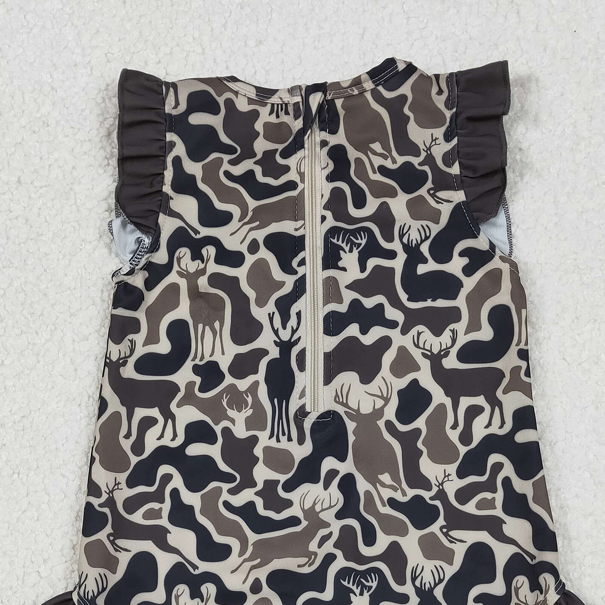Baby Girls Zipper Ruffle Swimsuits Dark Brown Deer Camo Southern Style Infant Swimwear