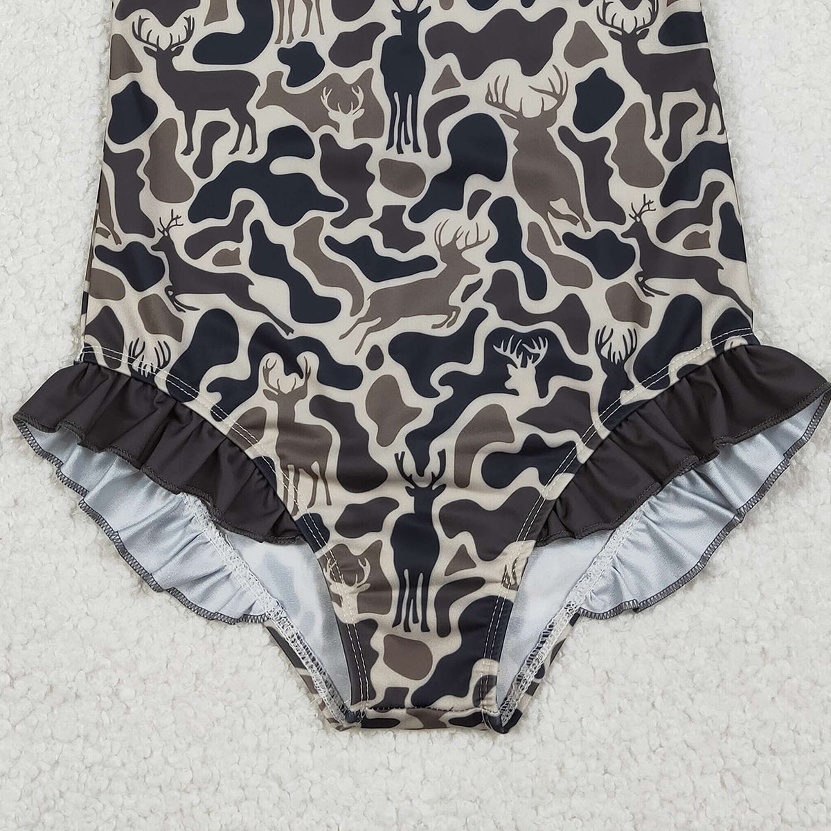 Baby Girls Zipper Ruffle Swimsuits Dark Brown Deer Camo Southern Style Infant Swimwear