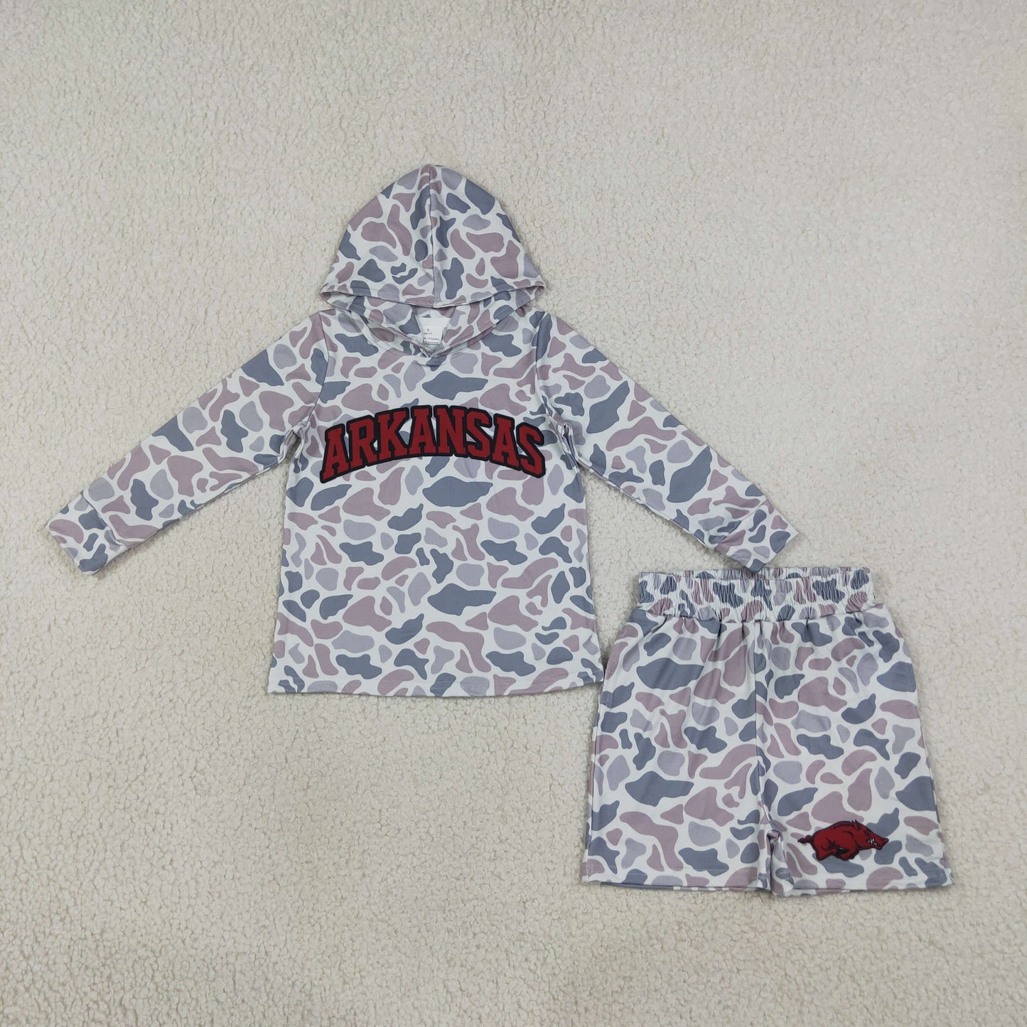 Arkansas football team camo hoodie shorts set
