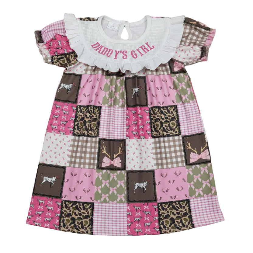 daddy's girl hunting patchwork embroidery smock dress