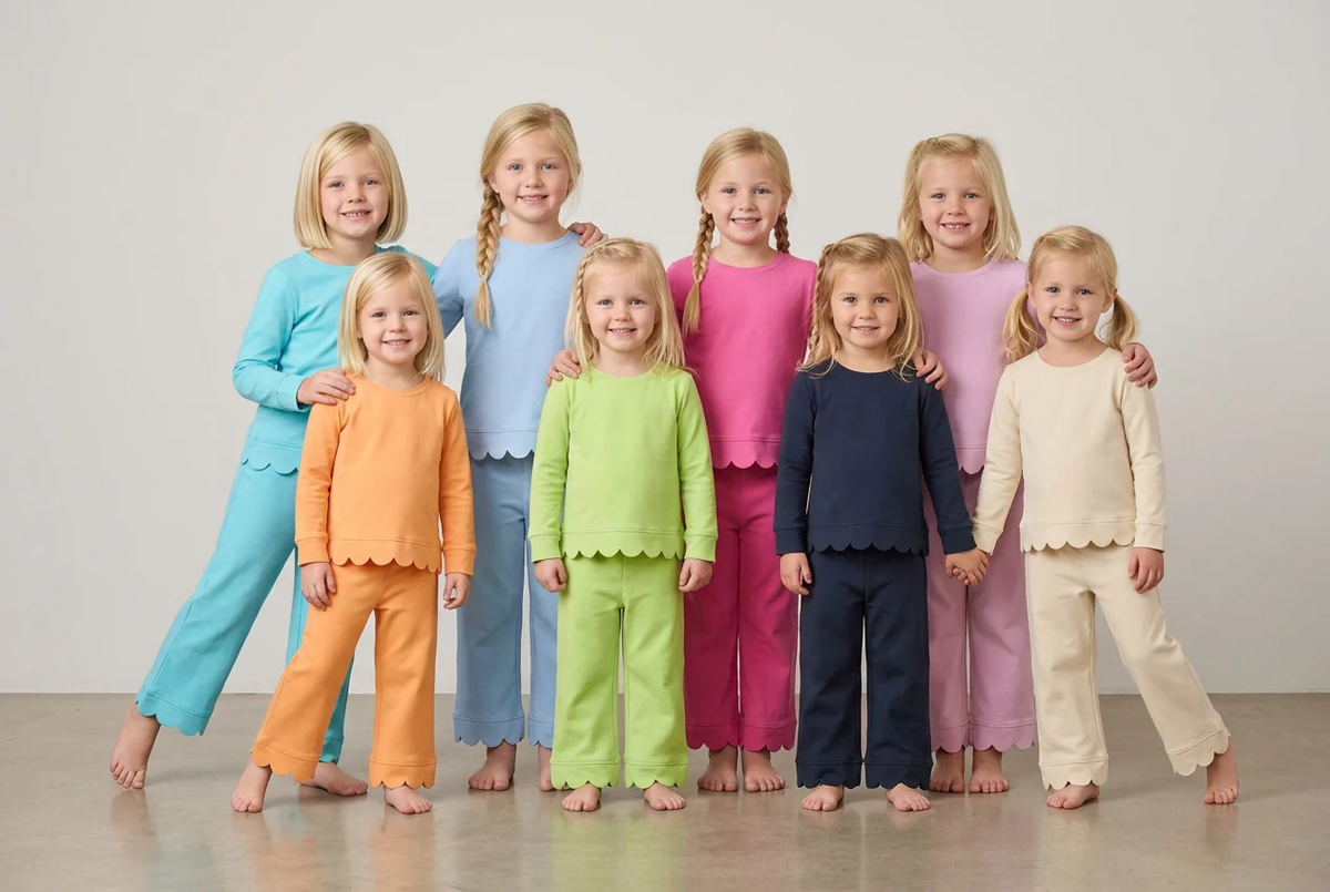 Matching Baby girls solid long sleve pant scalloped outfits cotton