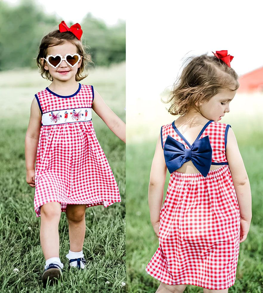 GSD0330 Girls National Day Embroidered Fireworks Red Plaid Sleeveless Dress