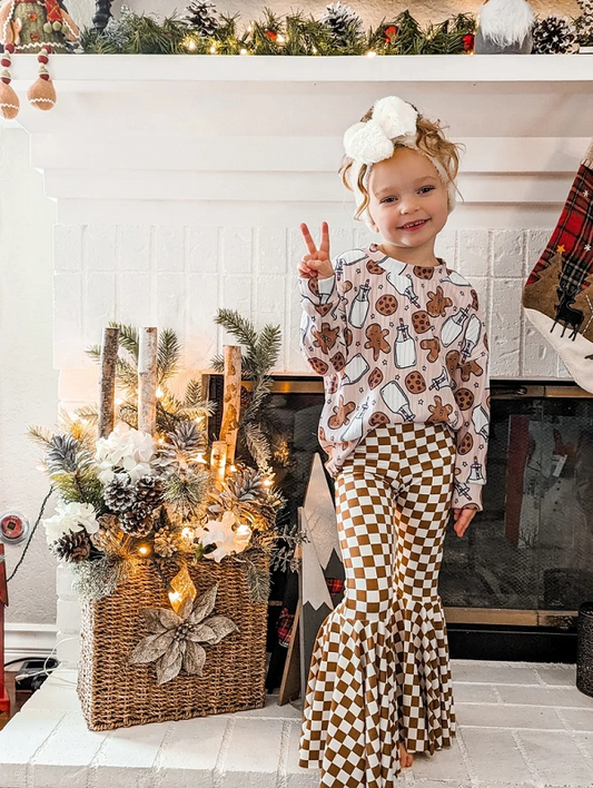 GLP0554 GT0220 Gingerbread Man Milk Biscuit Pink Long-sleeved Top + P0204 White Brown Plaid Milk Silk Trousers