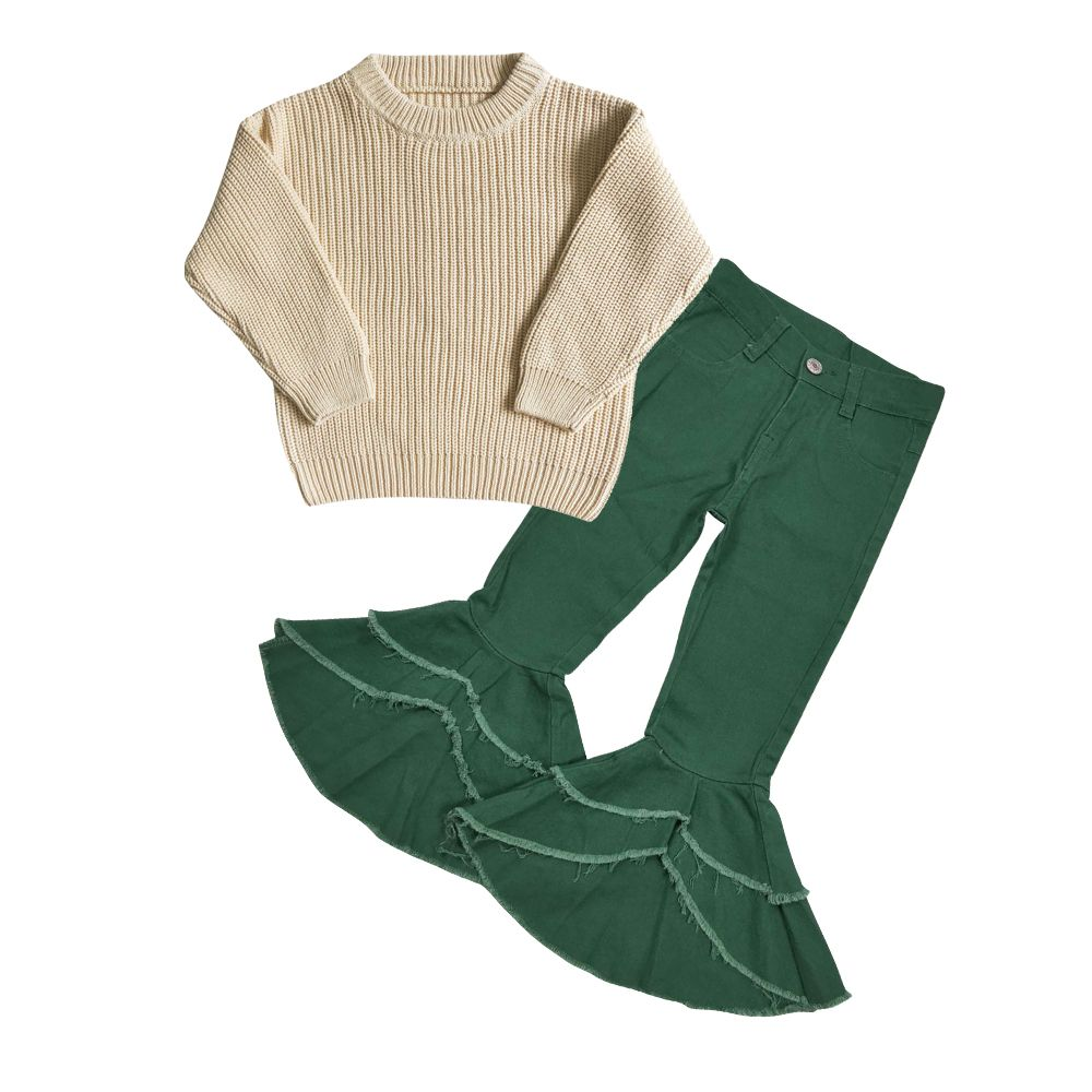 Baby Girls White Sweater GT0033 Green Denim Pants P0171 Outfit
