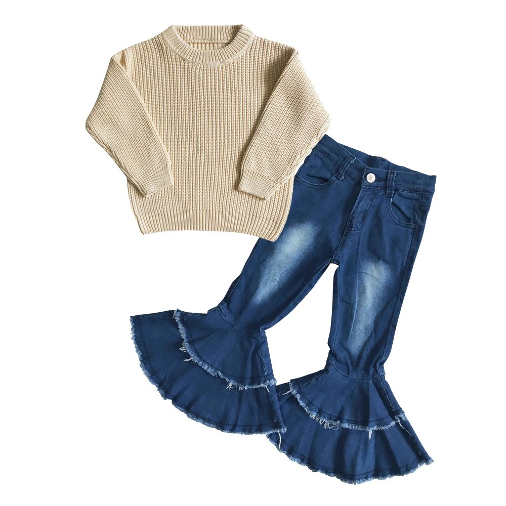 Baby Girls White Sweater GT0033 Blue Denim Pants P0003 Outfit