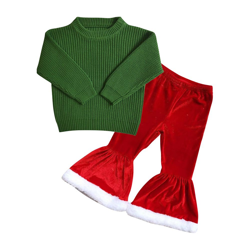 Baby Girls Green Sweater GT0031 Red Velvet Pants A4-10Outfit