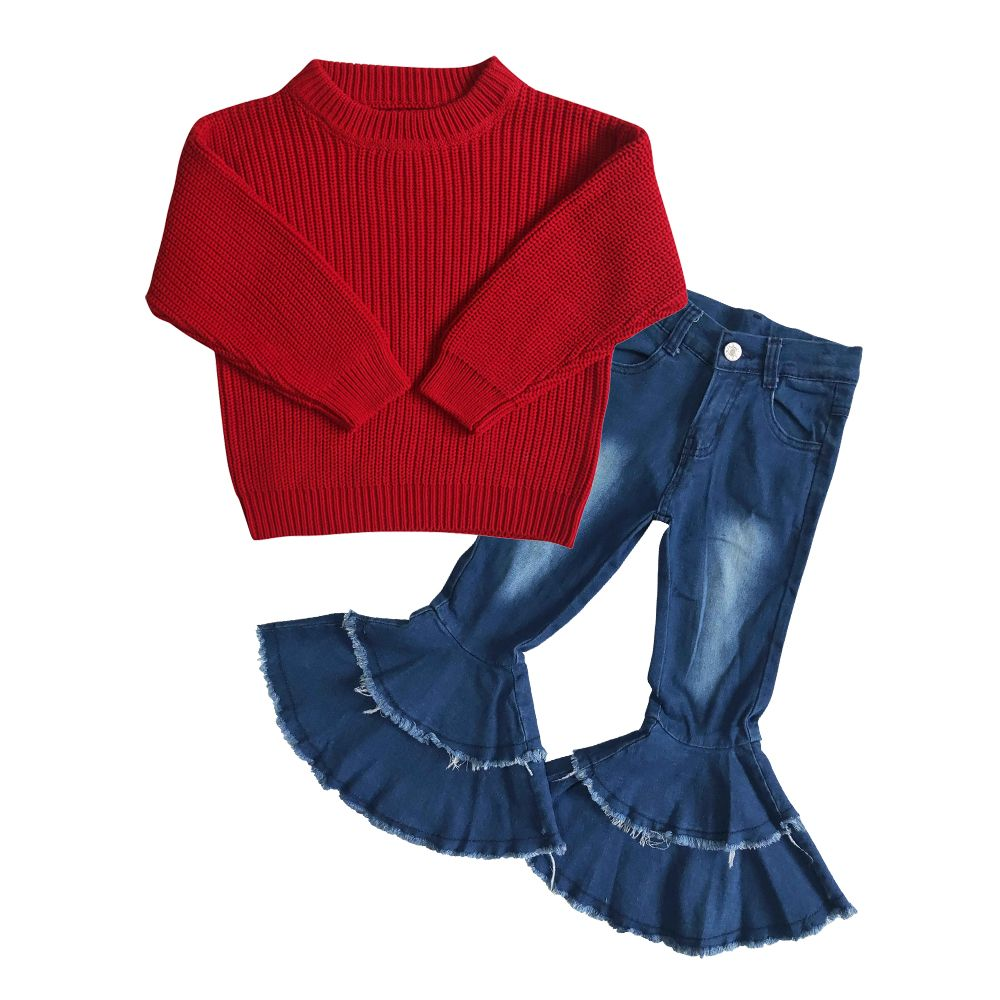 Baby Girls Red Sweater GT0032 Blue Denim Pants P0003Outfit
