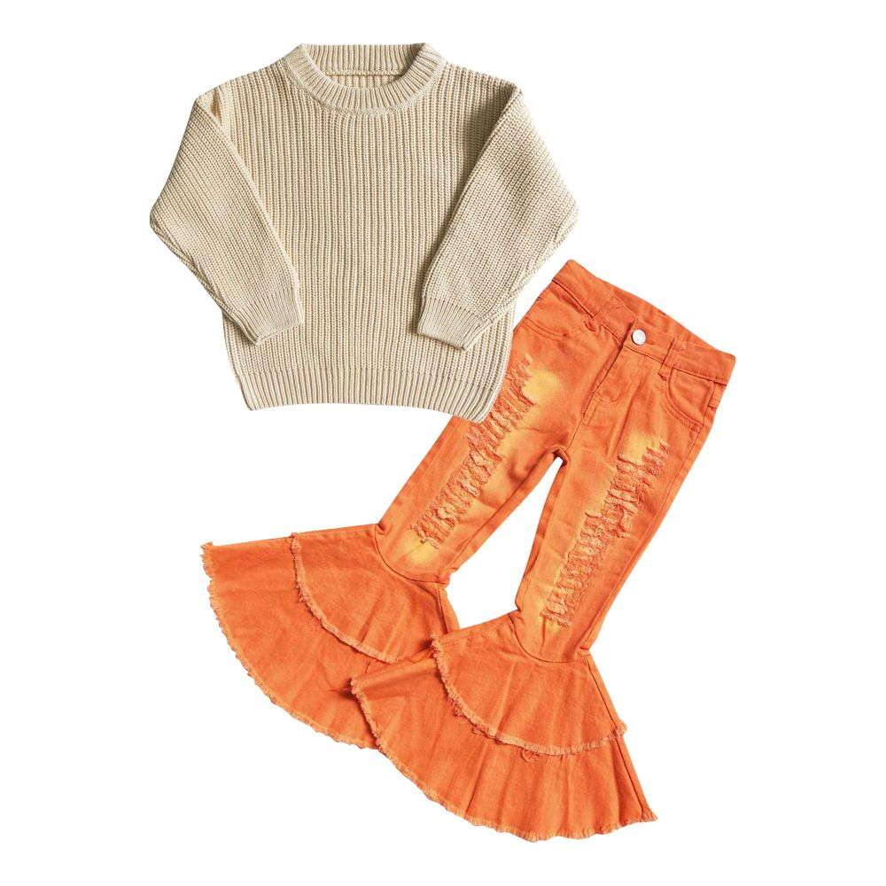 Baby Girls White Sweater GT0033 Orange Denim Pants P0271 Outfit