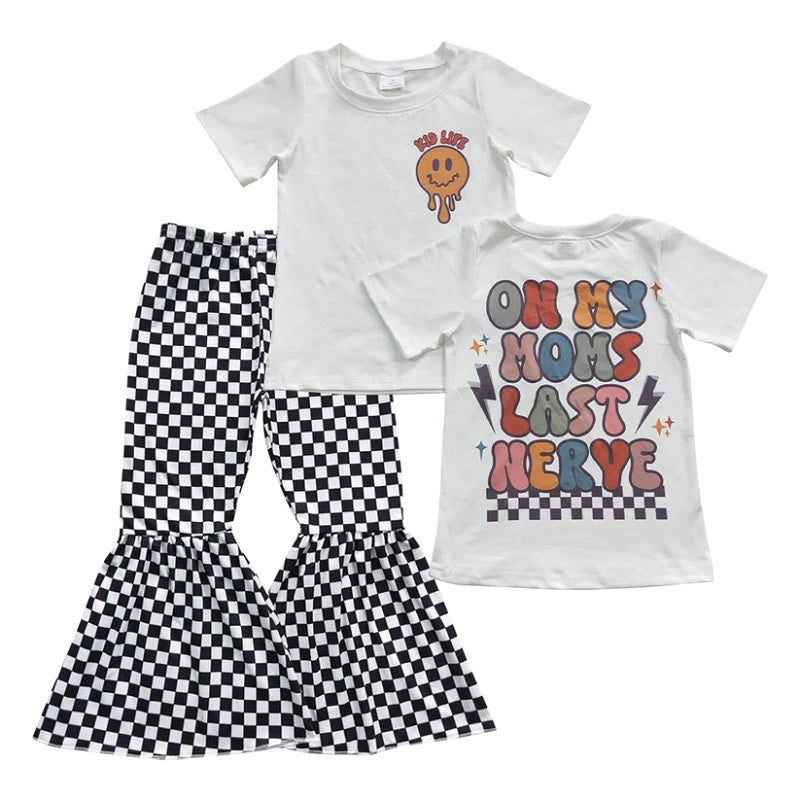 Baby Girls On My Moms Last Nerye T-shirt and Checkerboard Pants Set