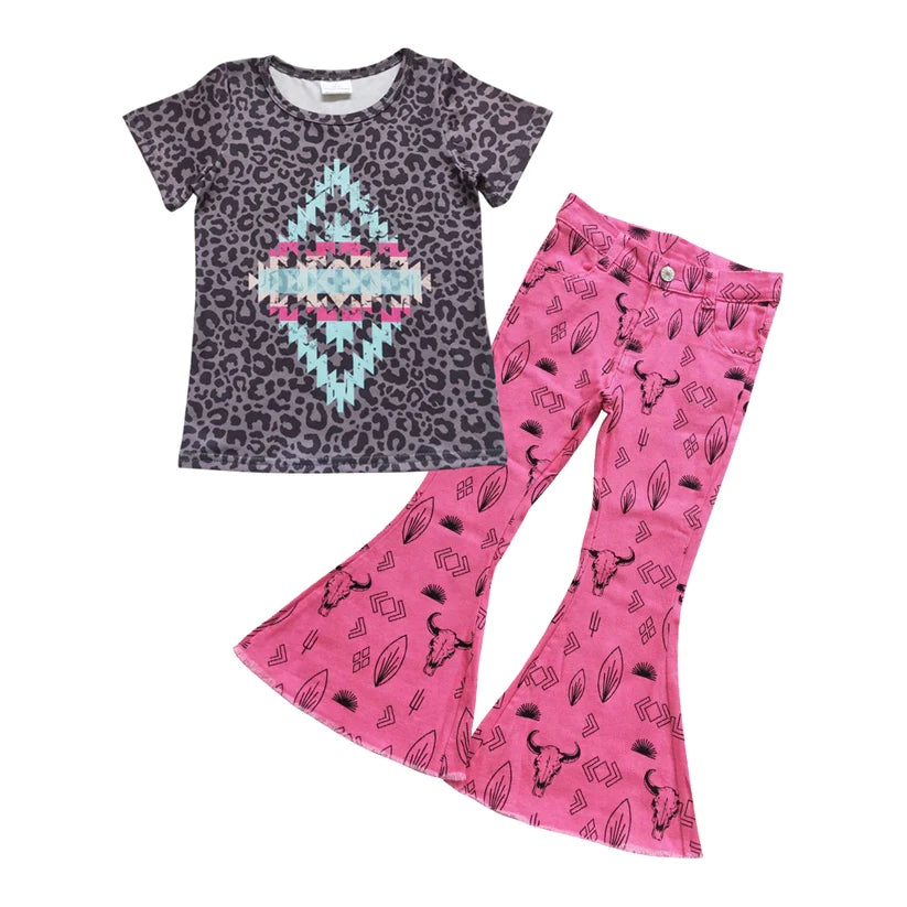 Baby Girls Aztec Top Western Hot Pink Denim Pants Outfit