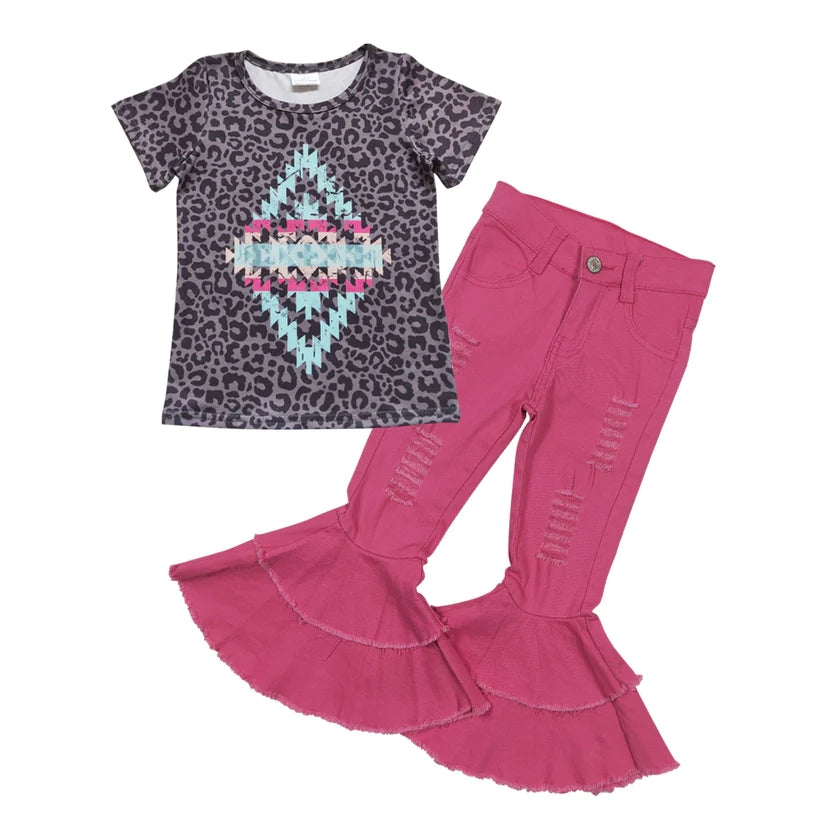 Baby Girls Aztec Top Hot Pink Denim Pants Outfit