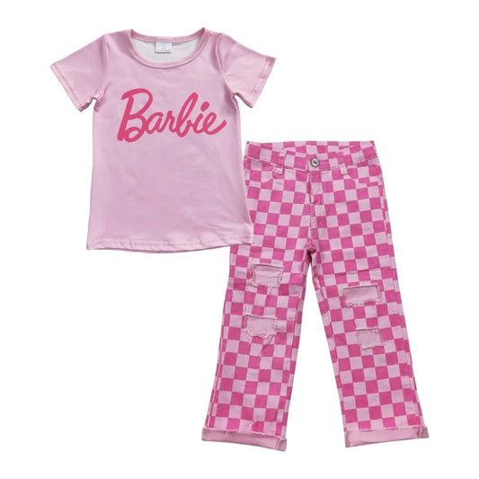 Kids Girls Pink Short Sleeve Top Checkerboard Denim Pants