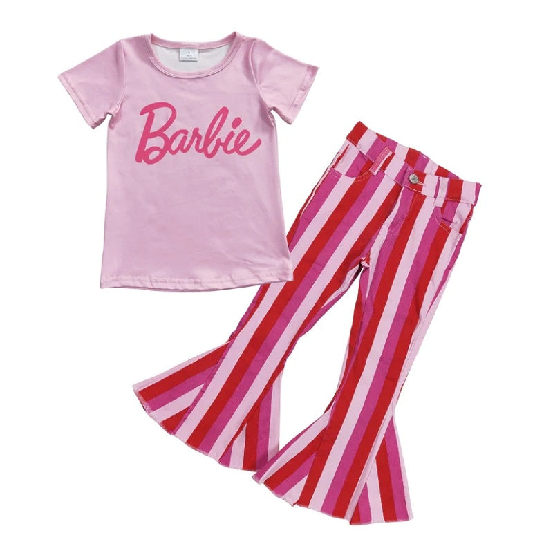 Kids Girls Pink Short Sleeve Top Striped Denim Pants SET
