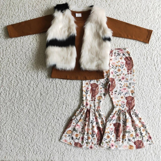 Brown Cotton Top Pants Outfit + Fur Vest 3 pcs Set 6 A21-13+GLP0277