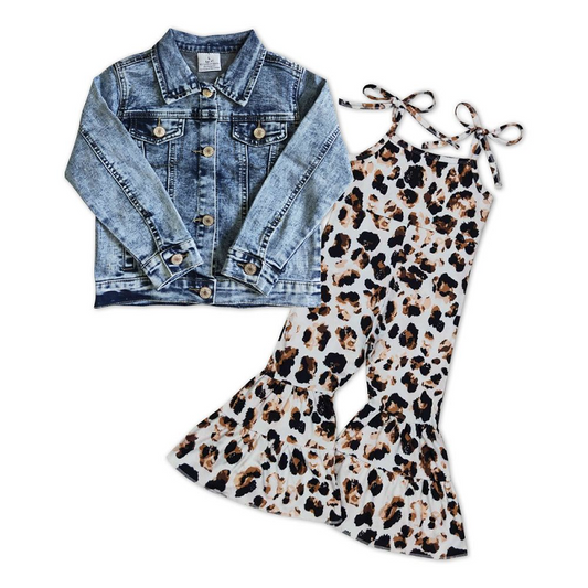 Blue and white denim jacket leopard print suspender jumpsuit suit 6 A5-14+SR0456