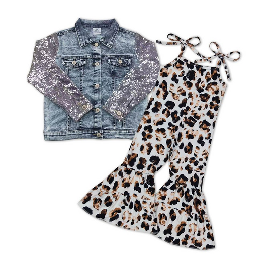 Blue sequined denim jacket leopard print suspender jumpsuit suit GT0148+SR0456
