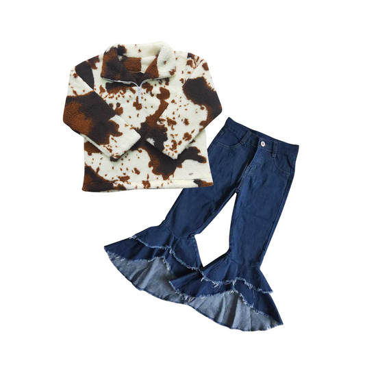 Cow pattern zipper plush jacket dark blue double lace raw edge denim trousers suit  BT0355+P0007