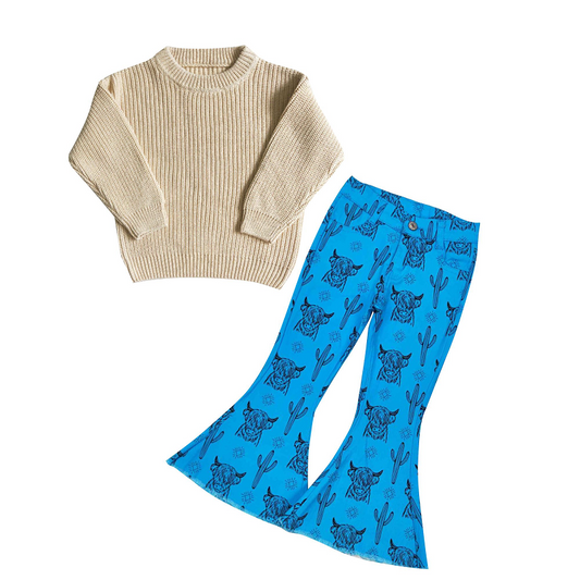 Apricot sweater, alpine cow head cactus blue denim pants suit GT0033+P0281