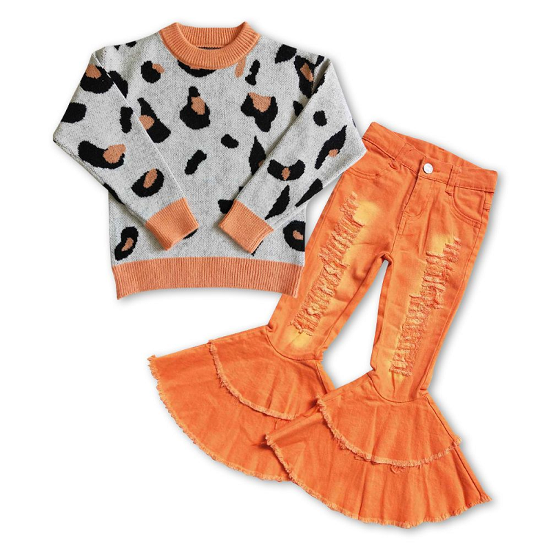 Gray leopard print long-sleeved sweater, ripped orange double-layered flared denim pants suit GT0041+P0271