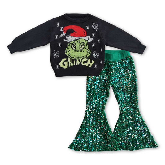 Christmas black sweater green sequined pants suit GT0188+P0033