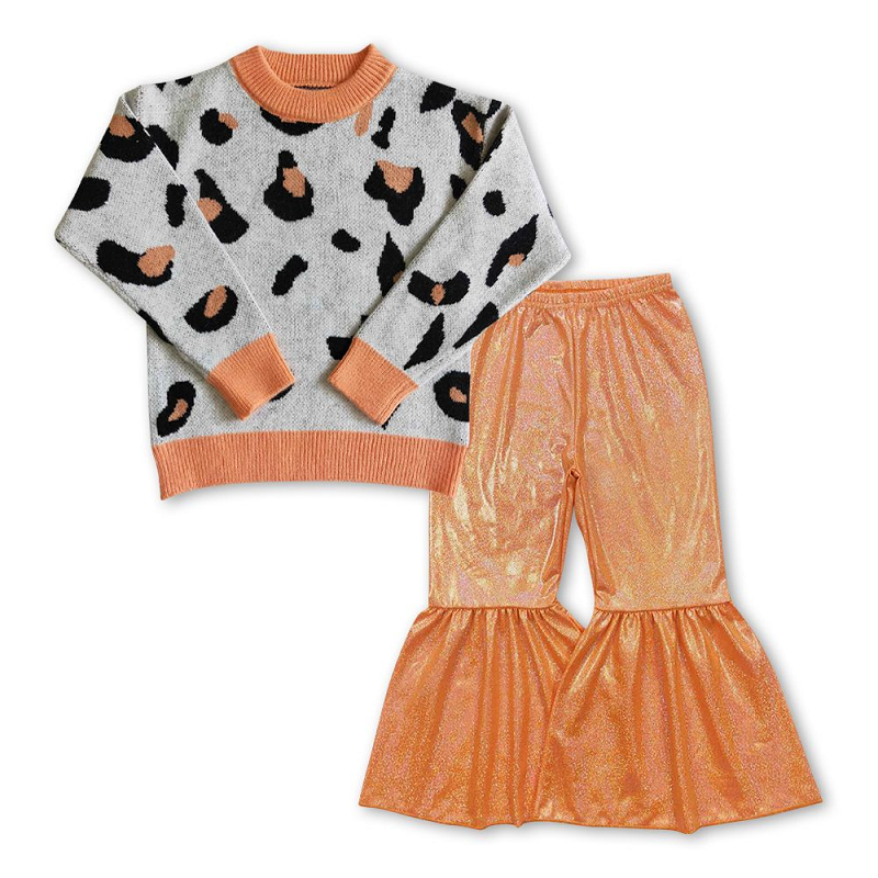 Gray leopard print long-sleeved sweater, orange satin bronzing trousers suit GT0041+P0188