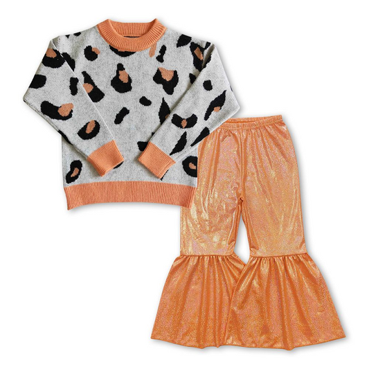 Gray leopard print long-sleeved sweater, orange satin bronzing trousers suit GT0041+P0188