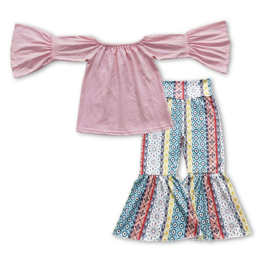 Pink one-shoulder bell-sleeved long-sleeved floral retro geometric pattern trousers suit GT0223+P0220