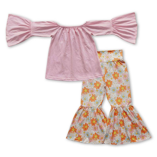 Pink one-shoulder bell-sleeved long-sleeved orange blue floral milk silk trousers suit GT0223+P0104